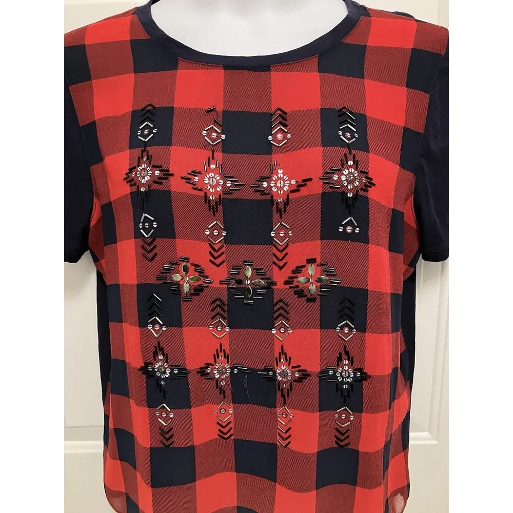J Crew‎ Women's Beaded Lumberjack Buffalo Plaid  Size XL Blouse Shirt Red Blue